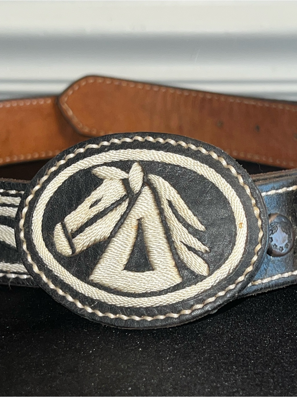 Vintage 49 Mens Black Leather Belt With Embroidered Horse Buckle Brand New